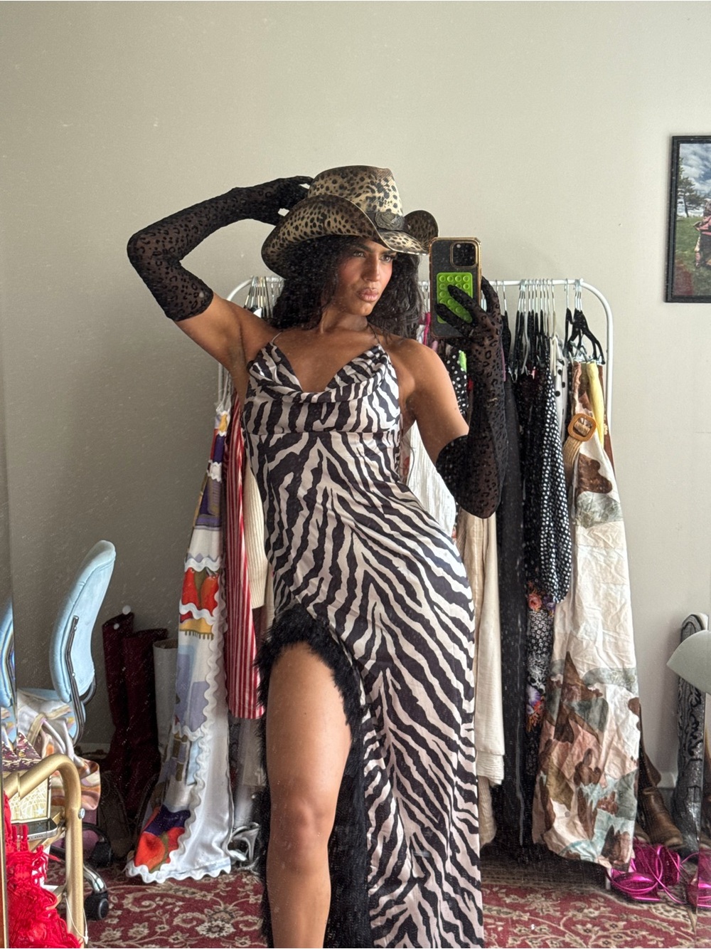 Zebra Print Feather Trim Slit Maxi Dress